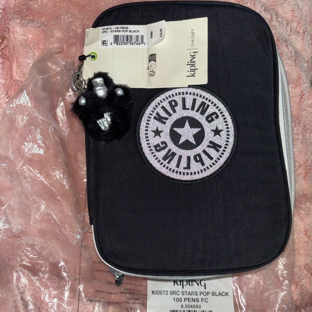 Kipling Black 100 Pencil Case with Monkey Keychain nwt